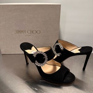 Jimmy Choo Saf Black Suede Crystal Embellished Buckle Sandal High Heel Mules